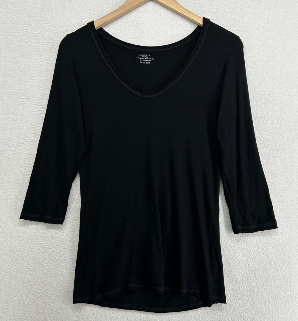 MAJESTIC FILATUREs Top 2 Superwashed Soft Touch Raw Trim V-Neck 3/4 Sleeve Black